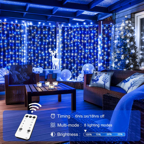 300LED 8 9.8x9.8ft JMEXSUSS Christmas Curtain Lights Plug in with Remote, Blue and White Christmas Lights Indoor