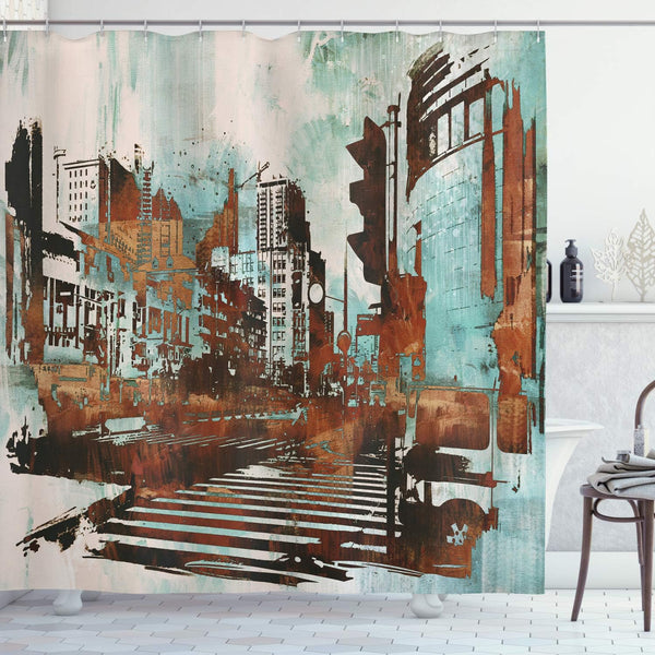 Ambesonne Grunge Shower Curtain, Urban Cityscape Abstract Acrylic Paint Style, Cloth Fabric Bathroom Decor Set with