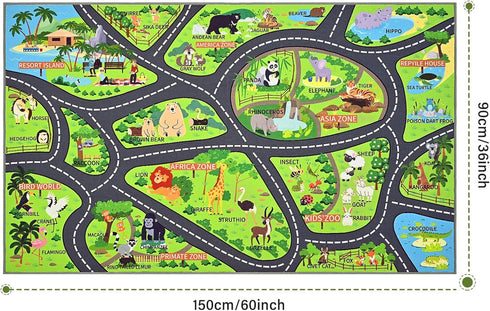 60"x36" Zoo Adventure Kids Car Rug, Cute Animal Play Mat with Non-Slip Backing, Kids Carpet with Lions, Tigers