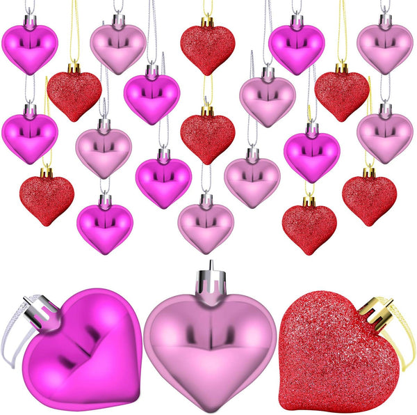 Elcoho 24 Pieces Valentine's Day Heart Baubles Ornaments for Decoration, 2 Styles (Glossy, Glitter)