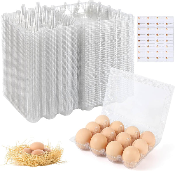 Egg Cartons 80 Pieces, Clear Plastic Reusable Egg Tray Container Holder for 12 Count Eggs, Bulk Storage with Sticker