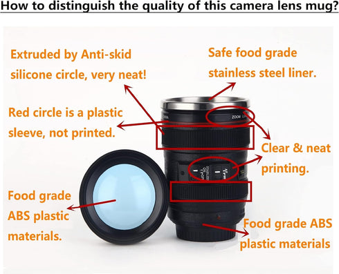 Camera Lens Coffee Mugs, Stainless Steel Lens Cups with Four Leaf Clover Spoon, Novelty Gifts for Photographers