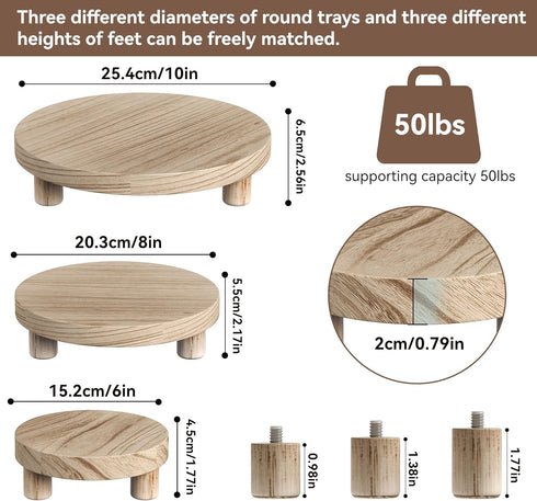 3 6/8/10" Counter Pcs Wood Plant Stand Indoor Outdoor, Wooden Stool Display Stand Round Riser Flower Pot Holder Small