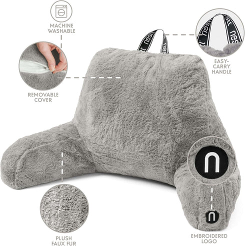 Nestl Fur Reading Pillow, Stylish Back Pillow for Bed Sitting Up, Faux Fur Bed Chair Pillow with Arms, Reading Pillows