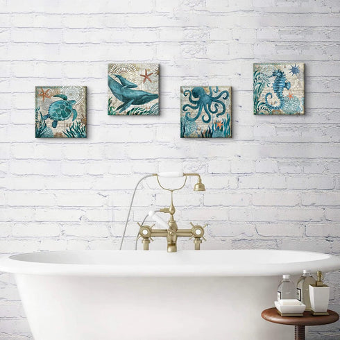 Bathroom Wall Art Beach Decor – Ocean Sea Turtle Octopus Canvas Pictures, Teal Bathroom Accessories, Nautical Painting