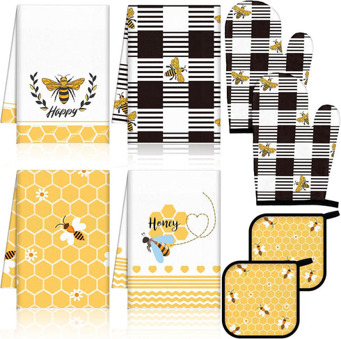 Leinuosen 8 Pcs Yellow Bee Kitchen Towels and Dishcloths Sets Oven Mitts and