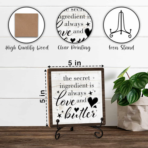 Kitchen Shelf Decor Wood Sign, The Secret Ingredient Is Always Love And Butter Wood Sign, 5x5IN Wooden Sign Comes With Iron Stand, Perfect For Farmhouse Home Kitchen Desk Shelf Decor, Set Of 1-A(15)