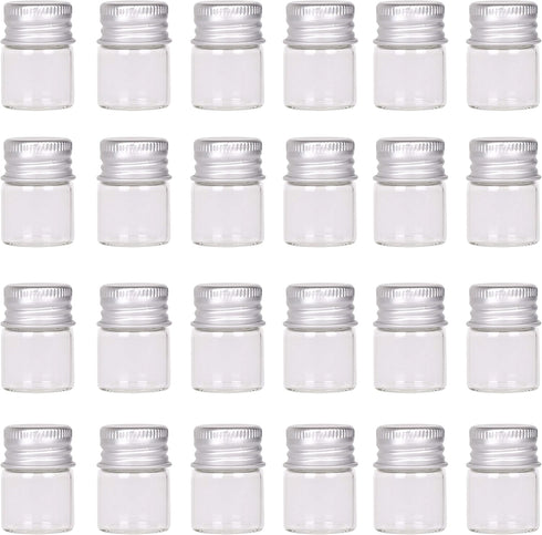 Mini Glass Bottles with Screw Caps, 5ml 24 Sets Aluminum Top Metal Lids, Tiny Vials Small Jars for DIY Storage, Art