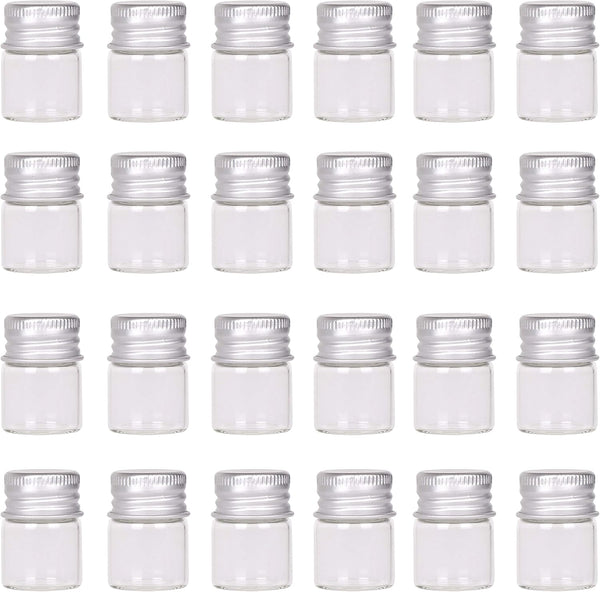 Mini Glass Bottles with Screw Caps, 5ml 24 Sets Aluminum Top Metal Lids, Tiny Vials Small Jars for DIY Storage, Art