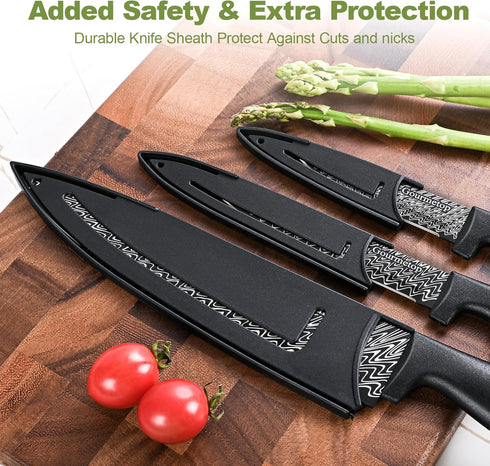 3 Pcs Kitchen Knife Set with Cover - Black Stainless Steel Knives Set for Cooking, Sharp Cutting Knives