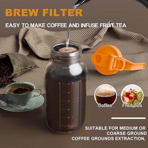 Cold Brew Coffee Maker Jar, 64oz Thick Glass Mason Pitcher with Spout Lid & Stainless Steel Filter for Iced Drinks