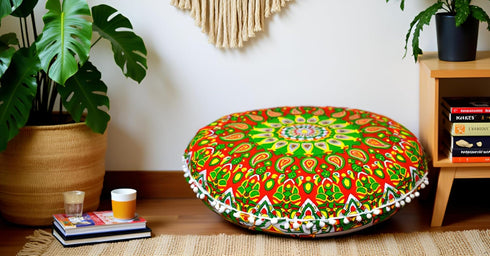 22" CRAFT KALA Round Mandala Comfort Meditation Floor Pillow Cover, Large Pillows Seating Cover for Adults, Cushions