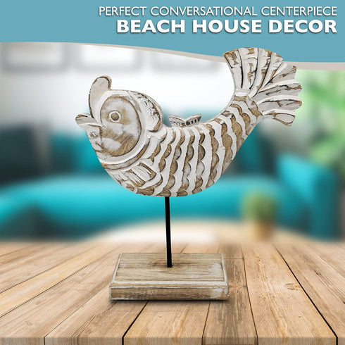 Wooden Fish Lake House Decor, Handmade Beach Decoration on Base Stand for Shelves, Table, Office, Living Room (Koi Fish)