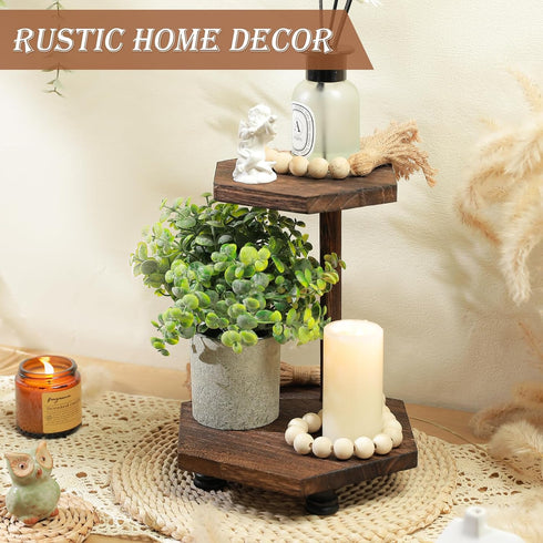 Tikea Hexagonal Wood Riser for Display, 2-Tier Rustic Wood Pedestal Stand for Kitchen Bathroom Counter Decor, Decorative Tray for Soap Dispenser, Candle and Plant