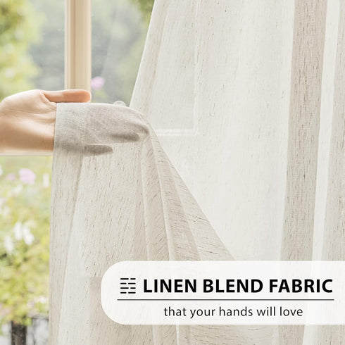 FMFUNCTEX Beige Linen Sheer Curtains for Bedroom, 54 inch Length Natural Flax Blend Draperies, 2 Panels Rod Pocket for