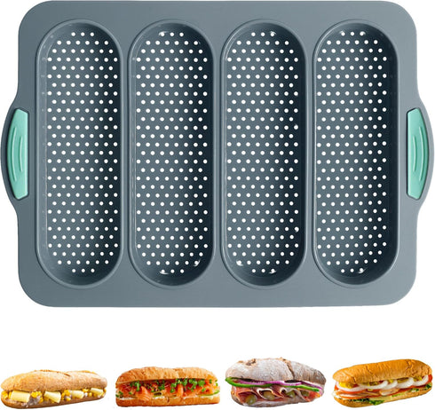 Non-Stick Baguette Bread Pan, 4 Cavity Perforated Silicone Loaf Pan for French Bread Baking
