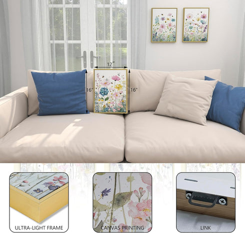 Set 3 ELSKER&HOME Framed Wall Art of Flower Pictures Wall Decor,Floral Wildflower Wall Art Canvas,Bathroom Wall Decor