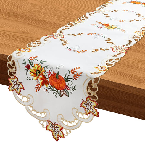 Jovialix 90 Inches Thanksgiving Fall Table Runner Long - Ivory Cutwork Lace with Embroidered Pumpkins & Maple Leaves