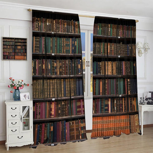 Yearn Jear 2 Sets,42x45 Inch Bookshelf Curtains, Vintage Library with Books Window Treatments for Kids Bedroom, Wooden