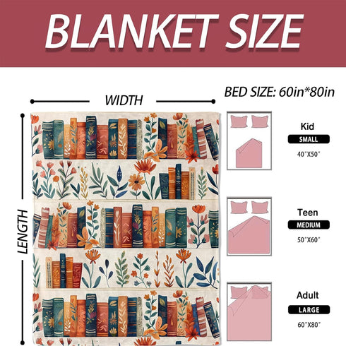 ICAAV 50x60in,Cozy Book and Flower Flannel Blanket Throw with Colorful Bookshelf and Floral Pattern on Cream,Soft