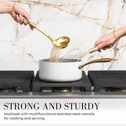 Set 7-Piece White Silicone and Gold Cooking Utensils with Gold Utensil Holder - Silicone Cooking Tools - Ideal