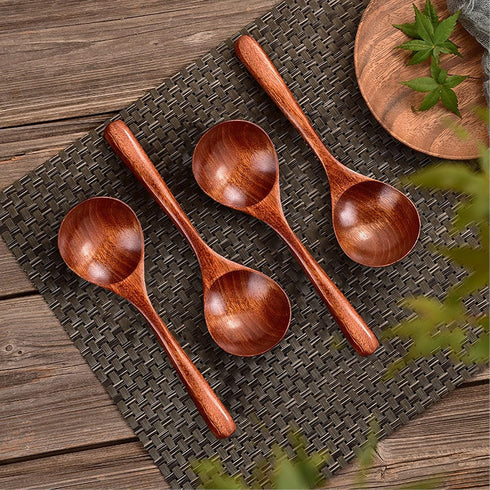5Pcs Soup Spoons, Wooden Spoons for Eating Asian Soup, Japanese Style Ramen Noodle Soup Spoons, Brown