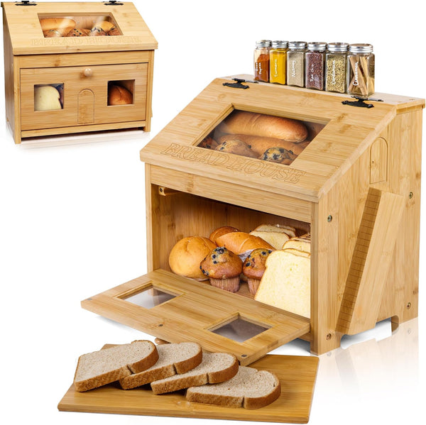 Bread Box for Kitchen Countertop Large Wooden Bamboo Bread Box with Cutting