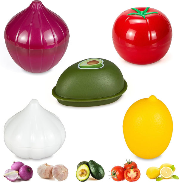 Vegetable and Fruit Storage Containers for Refrigerator, Pack of 5 Lemon Tomato Garlic Avocado Onion Shaped