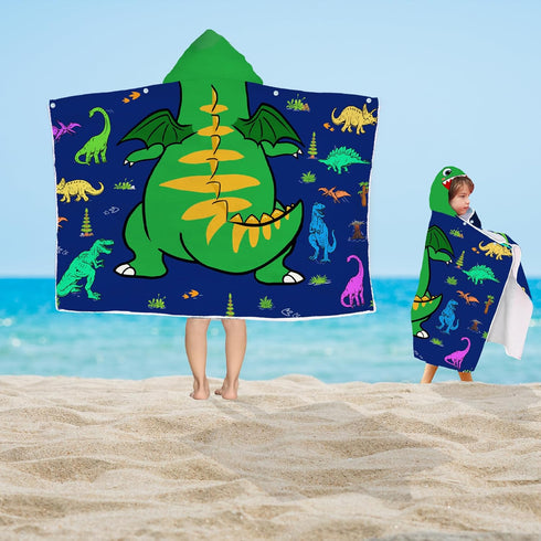 FUTBU 30x50 Dinosaur Hooded Beach Towel for Boys, Soft & Absorbent T-Rex Dinosaur Poncho Towel, Green Blue Bathrobe