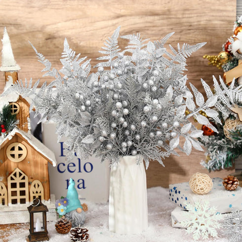Moucuny Set Home(Silver,80 Christmas Glitter Artificial Picks Leaf Sprays Cedar Picks Glitter Berries Stems Tropical