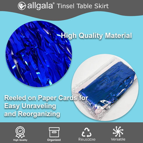 allgala Blue Tinsel Table Skirt 2-Pack, 29x108 Inch Metallic Foil Fringe for Party Decor