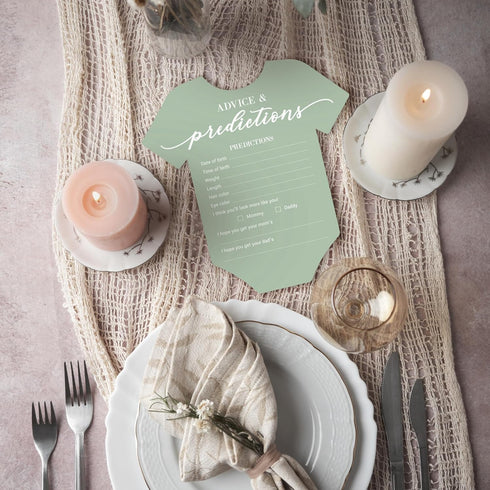 50 (Set 50) Baby Shower Advice & Prediction Cards - For Guests - Green Onesie Double Sided Advice + Predictions Cards