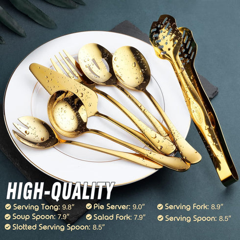 OGORI 10-Piece Gold Serving Utensils Set, Polished Stainless Steel Includes Spoons, Tongs, Forks, and Ladle