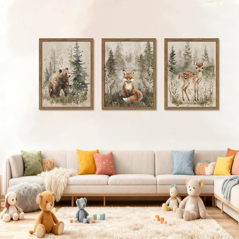 Set 3, 12x16 inch Framed Woodland Wall Art Nursery Decor of Cute Wild Animals Bear Fox Deer Canvas Wall Art, Nature