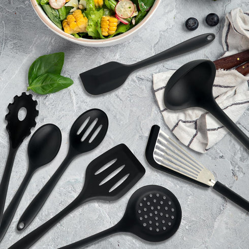 Silicone Kitchen Utensils Set, 8 PCS Heat Resistant Non Stick Cooking Tools, Silicone Spatula/Turner/Serving Spoon/Soup Ladle/Slotted Spoon/Pasta Server/Skimmer/Fish Spatula (Black) by DAILY KISN