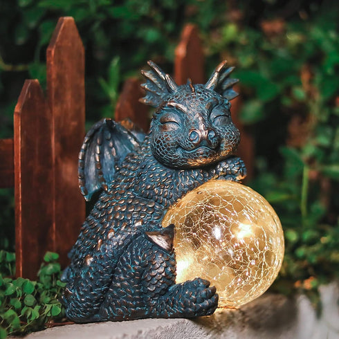 WONDER GARDEN Dragon Statue, Sleeping Dragon Figurines with Solar Light, Outdoor Waterproof Lawn Ornament Decor