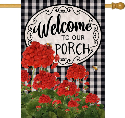 Welcome to Our Porch Geranium Spring Summer House Flag, 28x40, Black White Buffalo Plaid Check Garden Decoration
