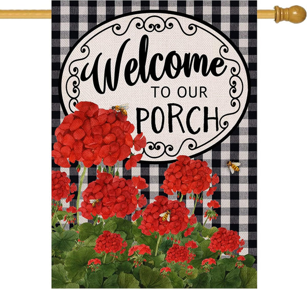 Welcome to Our Porch Geranium Spring Summer House Flag, 28x40, Black White Buffalo Plaid Check Garden Decoration