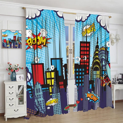 42x63in Super City Hero Window Curtains for Kids, City Skyline Buildings Cityscape Blackout Rod Pocket Window