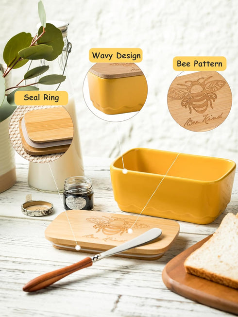 Covered Butter Dish with Lid, Large Yellow Butter Holder for Countertop, Airtight Seal Container for East West Coast