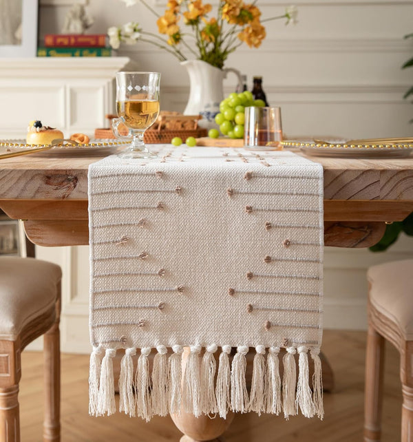 Boho Table Runner 13 x 90 Inch Long Natural Cotton Woven Runner