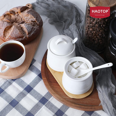 HAOTOP 2 Pack Ceramic Sugar Bowl with Tray, Spoon and Lid, Porcelain Jar for Sugar, Pepper, Coffee, Spice, 12 Ounces