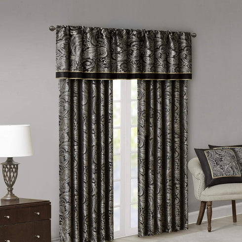 Madison Park Aubrey Jacquard Rod Pocket Valance, Classic Silk Paisley, 50X18", Black