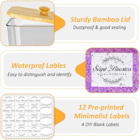 3 Pack Set, efluky Laundry Pods Container & Dryer Sheet Holder Clear Laundry Room Organization Containers with Bamboo