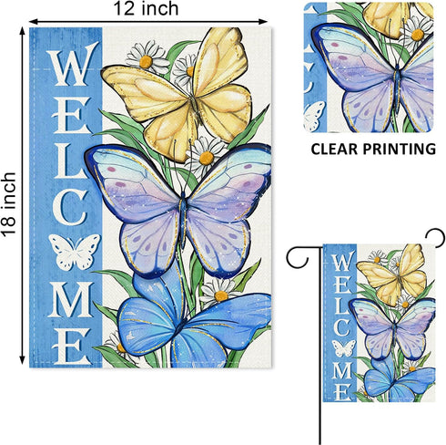 Welcome Spring Summer Butterfly Decorative Garden Flag, Daisy Flowers Floral Blue, Double Sided 12 x 18.