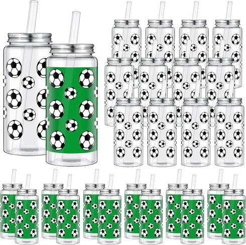 Maxdot 24 Pack 14.2 OZ Soccer Plastic Cups with Lid and Straw Bulk