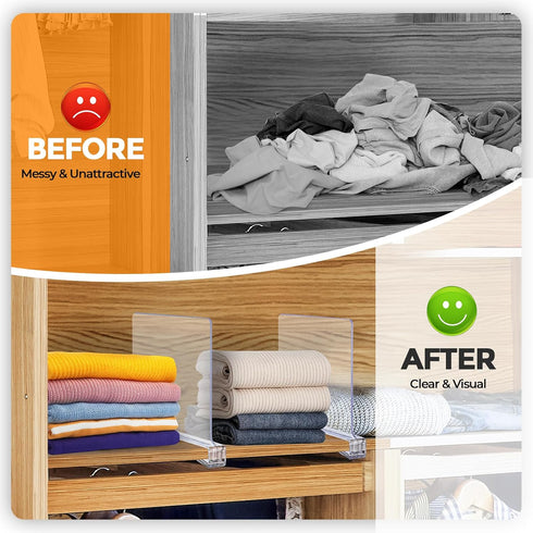 JOY DECOR 8 Pack Closets Closet Acrylic Clear Shelf Dividers for Organizer and Storage Adjustable Vertical Wood Shelf