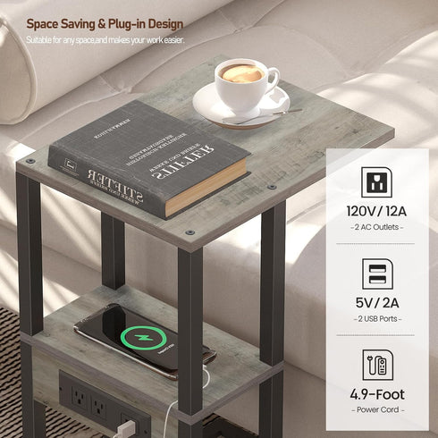 V1TB01BG043 TUTOTAK C Shaped End Table with Charging Station, Side Table for Small Spaces, Living Room, Bedroom