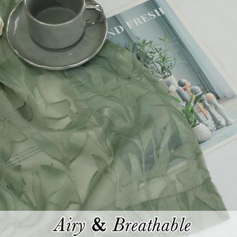 Leia 72 Inch Sheer Curtains Sage Green Panels Set of 2, Double Rod Pocket Window Living Room Curtain with Leaves, Light