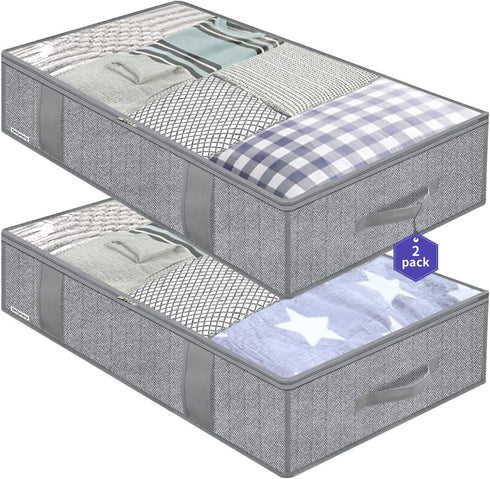 Onlyeasy Large Underbed Storage Bags Organizer Container (2 Pack) with 4 Handles and Clear Window, Herringbone Grey
